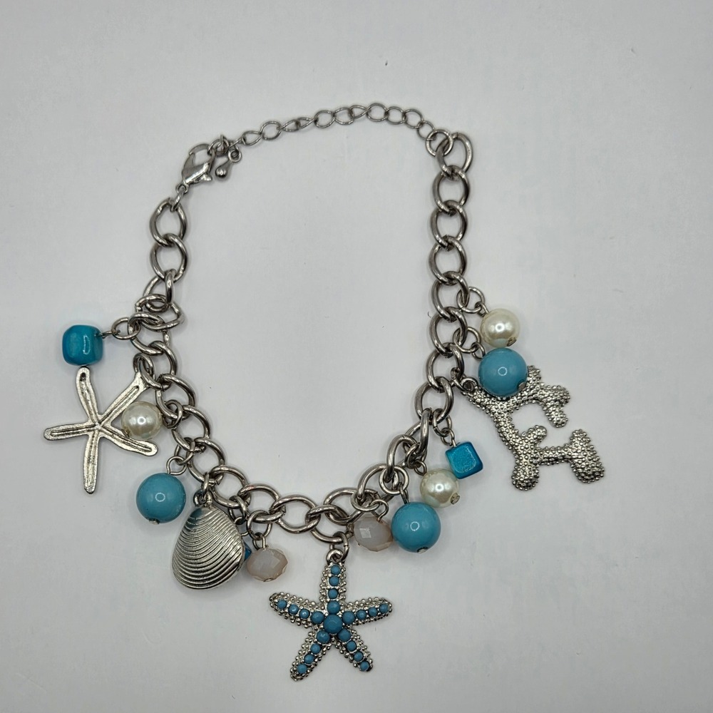 Silver Tone Nautical Beach Charm Bracelet Starfish Shell Turquoise Pearl 10"
